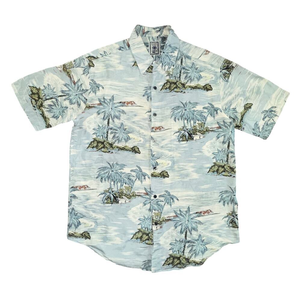 Roundtree & Yorke Silk Shirt Mens Medium Beach Coastal Ocean Palm Trees Hawaiian
